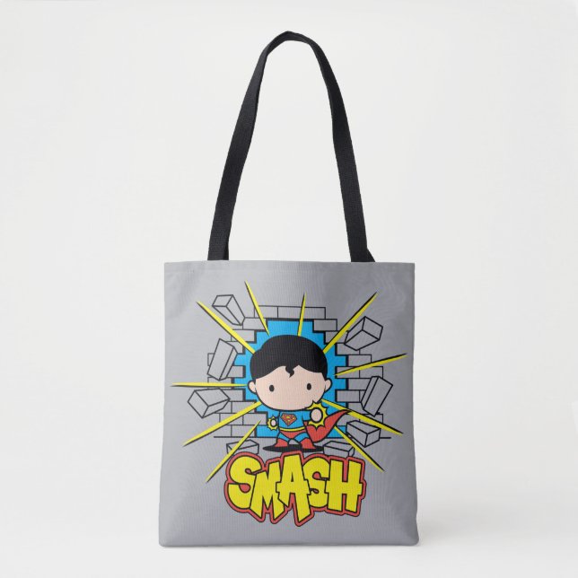 Chibi Superman Smashing Through Brick Wall Tote Bag (Front)