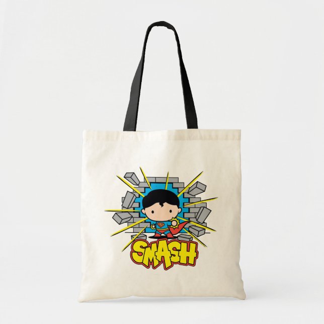 Chibi Superman Smashing Through Brick Wall Tote Bag (Front)