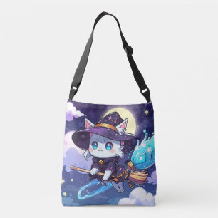 Chibi Witch Cat Flying in Starry Sky – Kawaii Magi Crossbody Bag