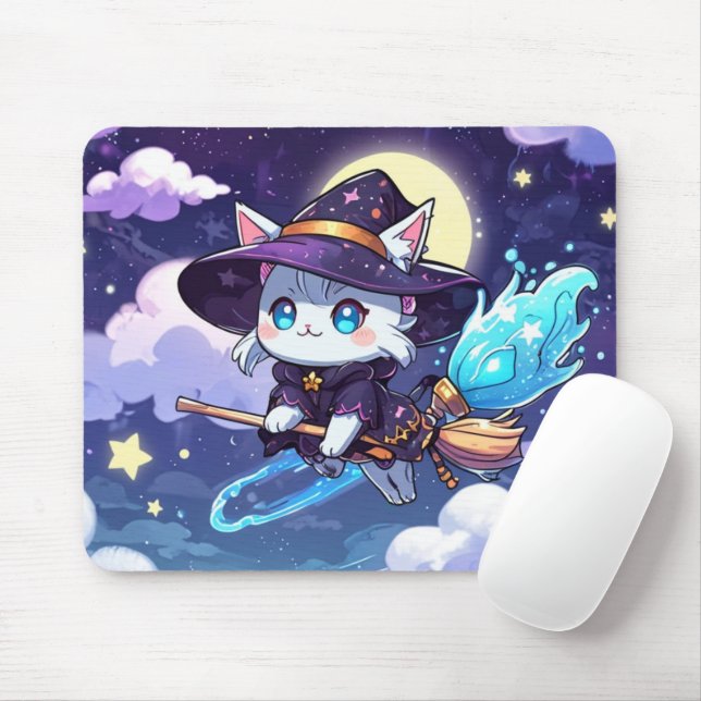 Chibi Witch Cat Flying in Starry Sky – Kawaii Magi Mouse Pad (With Mouse)
