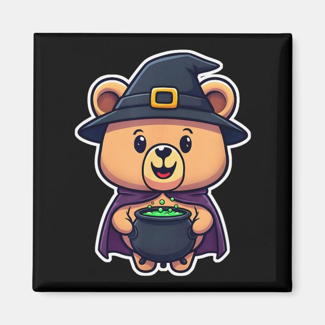 Chibi Witch Halloween Costume Bear With Cauldron  Magnet (Front)