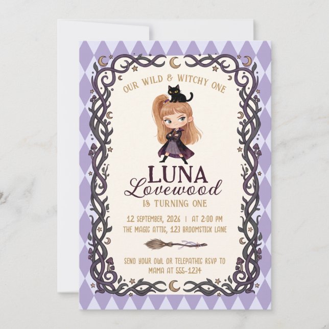 Chibi Witch One 1st Birthday Invitation Watercolor (Front)