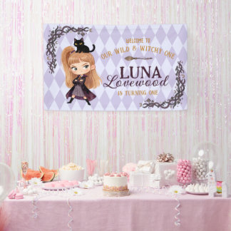 Chibi Witch One 1st Birthday Invitation Watercolor Banner