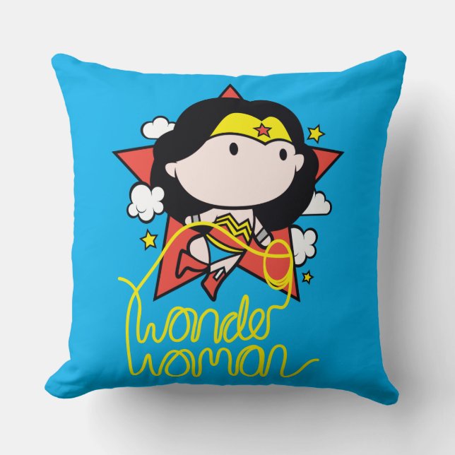 Chibi Wonder Woman Flying With Lasso Throw Pillow (Front)