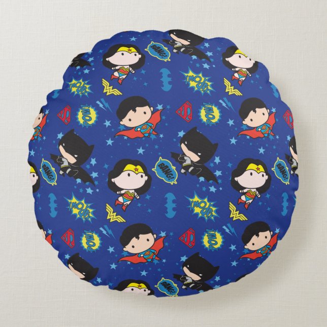 Chibi Wonder Woman, Superman, and Batman Pattern Round Pillow (Front)