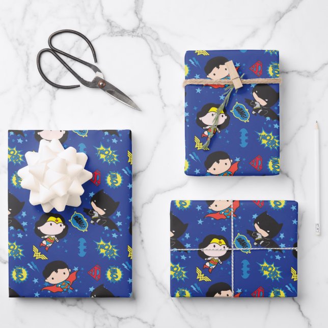 Chibi Wonder Woman, Superman, and Batman Pattern Wrapping Paper Sheet (Front)