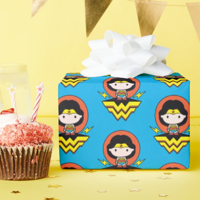 Chibi Wonder Woman With Polka Dots and Logo Wrapping Paper (Birthday Party)