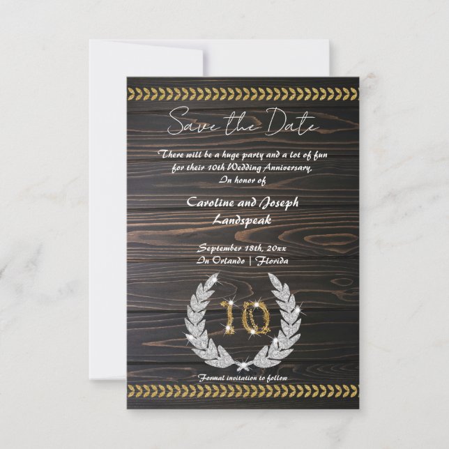 Chic 10th Anniversary Wood & Gold  Save the Date Invitation (Front)