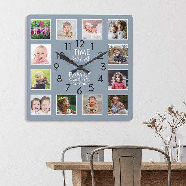 Chic 12 Photo Collage Family Time Quote Dusty Blue Square Wall Clock (Chic 12 Photo Collage Family Time Quote Dusty Blue Square Wall Clock)