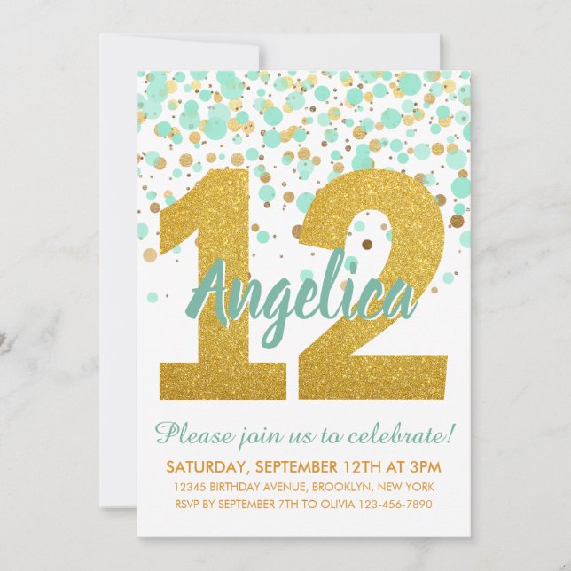 Chic 12th Birthday Mint Gold Glitter Confetti Girl Invitation (Front)