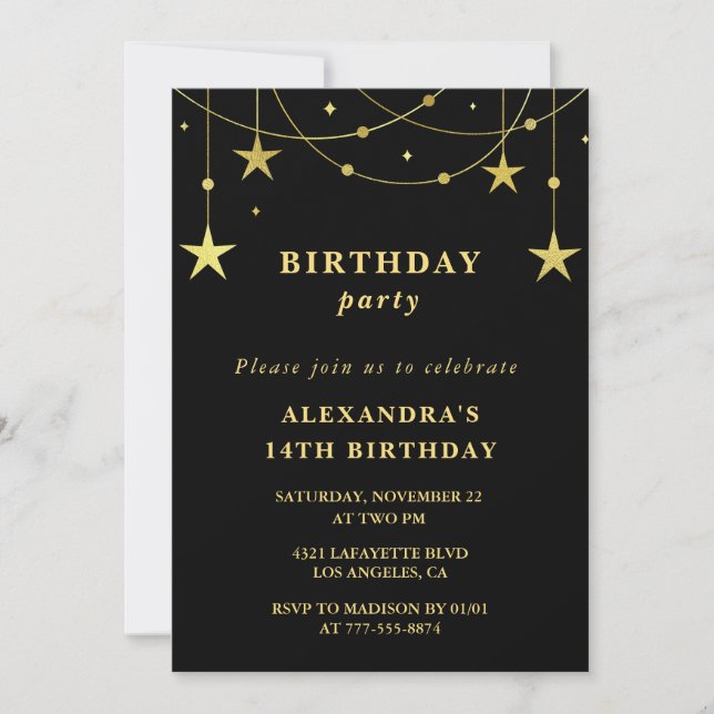 Chic 14th birthday Party invite Gold Stars (Front)
