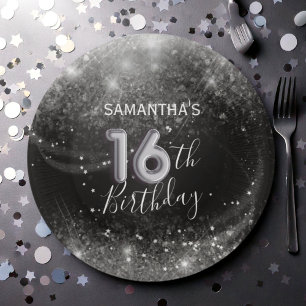 Chic 16th Birthday Silver Glitter & Black Paper Plate