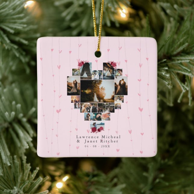 Chic 18 Heart shaped Photo Collage couples gifts Ceramic Ornament (Tree)