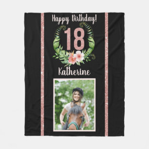 Chic 18th Birthday Pink Glitter Name Photo Fleece Blanket