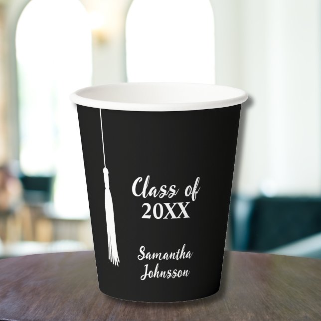 Chic 2024 Grad Tassel Personalized Graduation  Paper Cups (Chic 2024 Grad Tassel Personalized Graduation Paper Cups Minimalist Black And White Class of 2024)