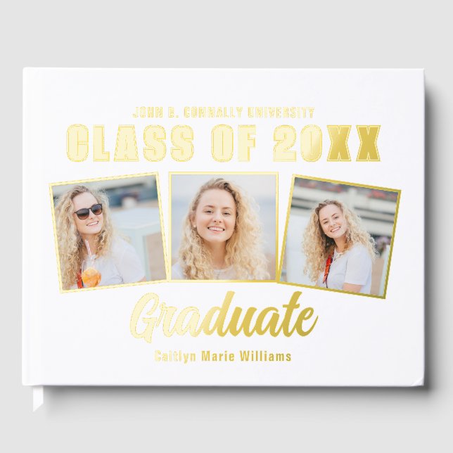 Chic 2025 Graduation 3 Photo Collage Gold Foil Guest Book (Front)
