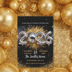 Chic 2026 New Year' Eve Party Gold Glitter Black Invitation