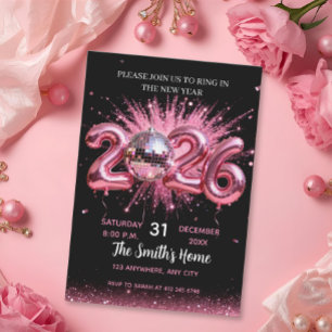 Chic 2026 New Year' Eve Party Pink Glitter Black Invitation