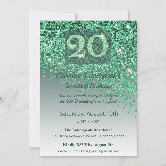 Chic 20th Birthday Green Glitter Invitation (Front)