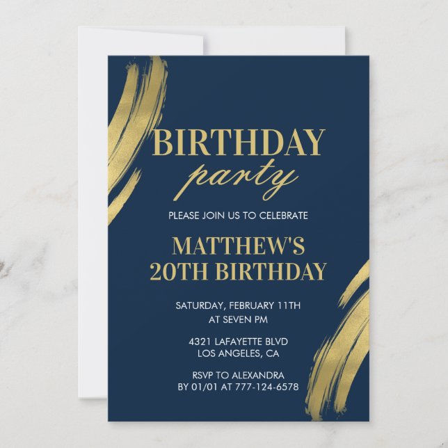 Chic 20th birthday invitations Party boy Navy (Front)