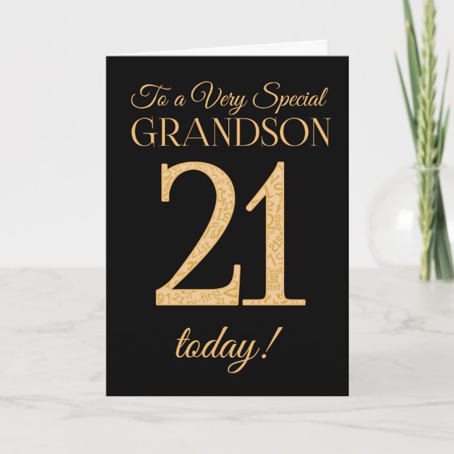 Chic 21st Gold-effect Black Grandson Birthday Card (Front)