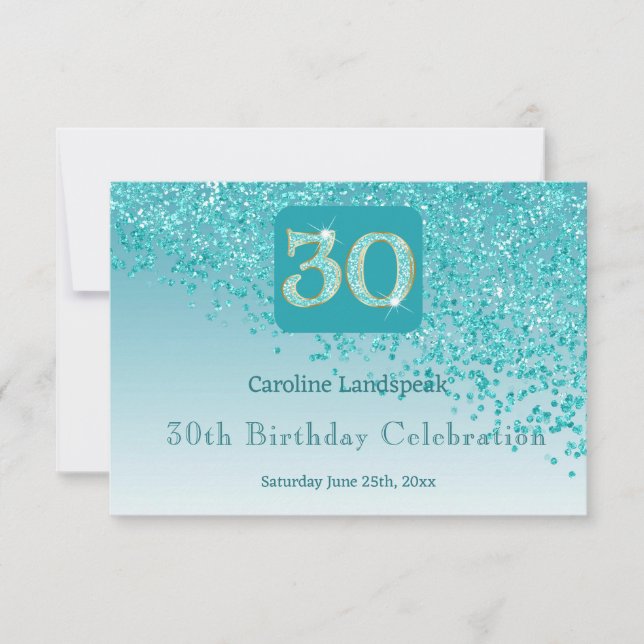 Chic 30 Birthday Teal Blue Glitter RSVP Card (Front)