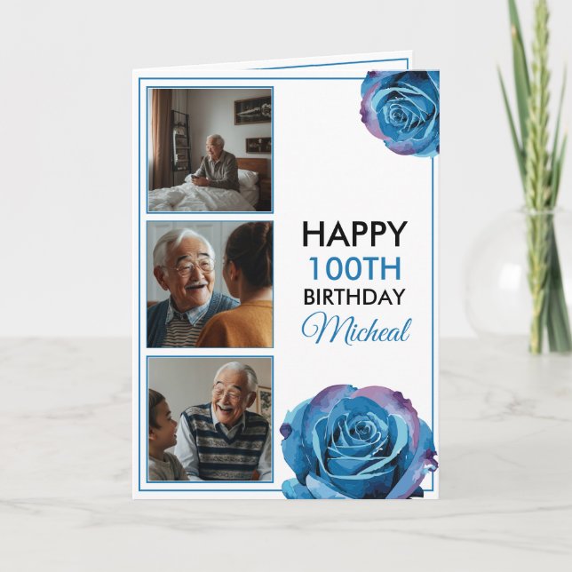 Chic 3 Photo Collage 100th Birthday Card (Front)