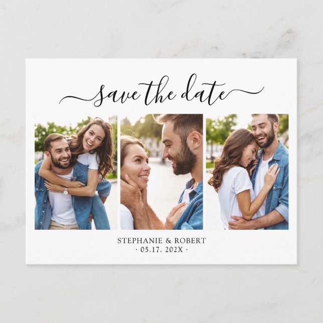 Chic 3 Photo Collage Budget Wedding Save The Date Announcement Postcard (Front)