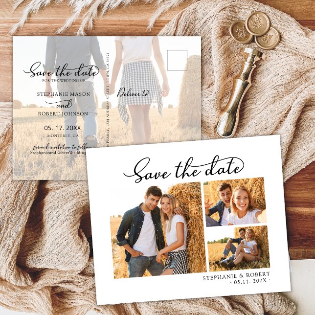 Chic 3 Photo Collage Wedding Budget Save The Date Announcement Postcard (Creator Uploaded)