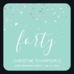 Chic 40th Birthday Mint Green Silver Confetti Square Sticker<br><div class="desc">Help her celebrate her 40th birthday in style with this simple but elegant design, featuring faux silver triangular confetti sifting down on the word "forty" in white handwriting font on a mint green background. Personalize it with the name of the honoree in white sans serif font, along with the occasion...</div>