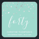 Chic 40th Birthday Mint Green Silver Confetti Square Sticker<br><div class="desc">Help her celebrate her 40th birthday in style with this simple but elegant design, featuring faux silver triangular confetti sifting down on the word "forty" in white handwriting font on a mint green background. Personalize it with the name of the honoree in white sans serif font, along with the occasion...</div>