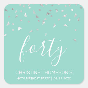 Chic 40th Birthday Mint Green Silver Confetti Square Sticker