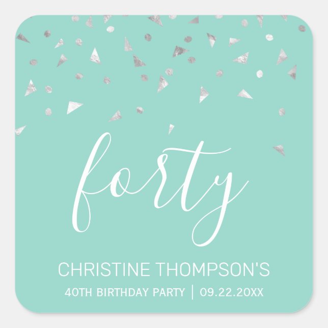 Chic 40th Birthday Mint Green Silver Confetti Square Sticker (Front)