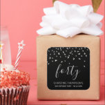 Chic 40th Birthday Silver Black Confetti Square Sticker<br><div class="desc">Help her celebrate her 40th birthday in style with this simple but elegant design, featuring faux silver triangular confetti sifting down on the word "forty" in light grey handwriting font on a black background. Personalize it with the name of the honoree in light grey sans serif font, along with the...</div>