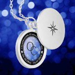 Chic 45th 51st 65th Sapphire Wedding Anniversary Locket Necklace<br><div class="desc">Celebrate the 45th, 51st, or 65th wedding anniversary with this commemorative locket! Elegant black and white lettering with hexagonal confetti on a sapphire blue background add a memorable touch for this special occasion and extraordinary milestone. Customize with couple's initials, a special message, and dates for their sapphire anniversary. Design ©...</div>