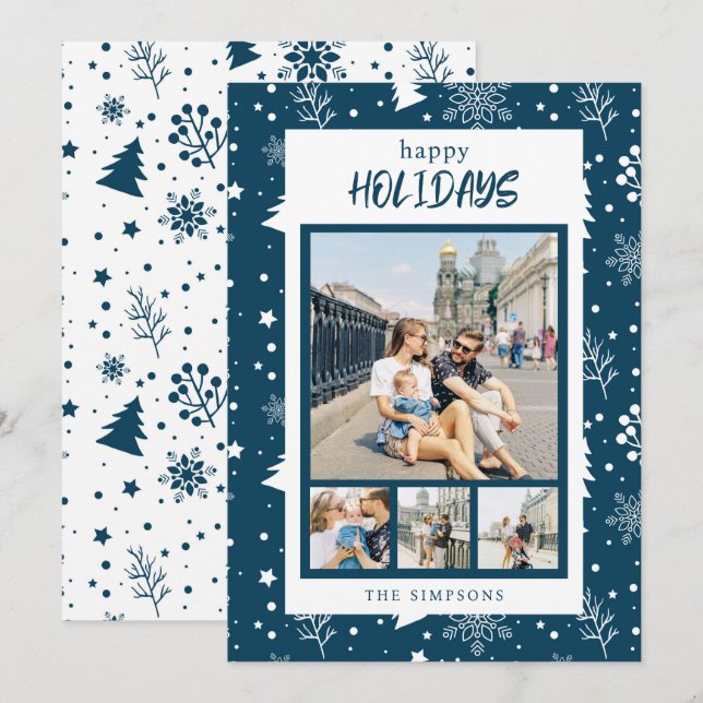 Chic 4 Photo Collage Blue Happy Holidays Card (Front/Back)