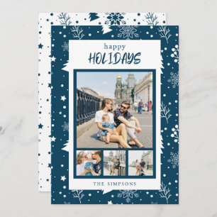 Chic 4 Photo Collage Blue Happy Holidays Card