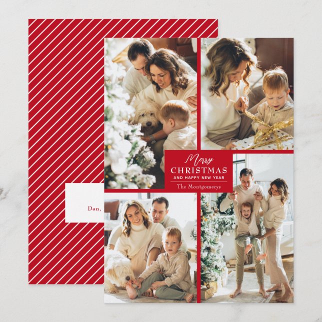 Chic 4 Photo Collage Red Merry Christmas Holiday Card (Front/Back)