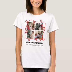 Chic 4 Photo Collage Red Ribbon Merry Christmas T-Shirt