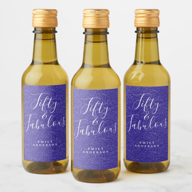 Chic 50 Fabulous Blue Glitter Name 50th Birthday Wine Label (Bottles)