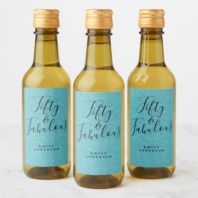 Chic 50 Fabulous Blue Glitter Name 50th Birthday Wine Label (Bottles)