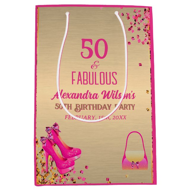 Chic 50& Fabulous High Heels Gold Hot Pink Glitter Medium Gift Bag (Front)