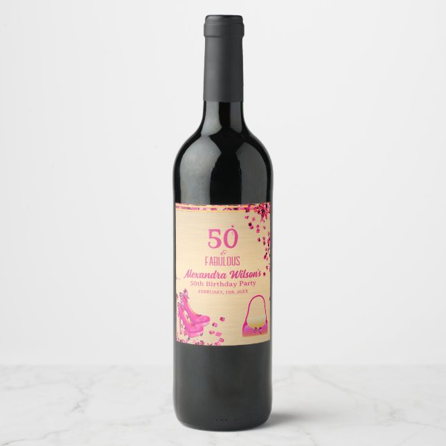 Chic 50& Fabulous High Heels Gold Hot Pink Glitter Wine Label (Front)