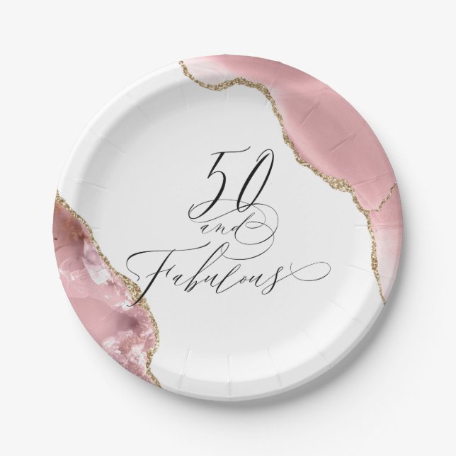 Chic 50 Fabulous Rose Gold Glitter Agate Script Paper Plate (Front)