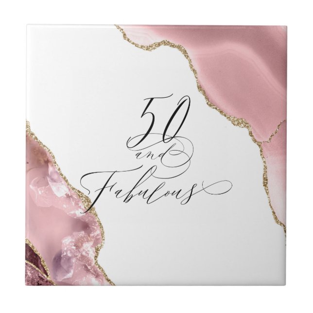 Chic 50 Fabulous Rose Gold Glitter Agate Script Tile (Front)