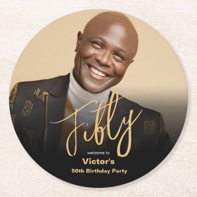 Chic 50th Birthday Black Gold Modern Custom Photo  Round Paper Coaster (Front)