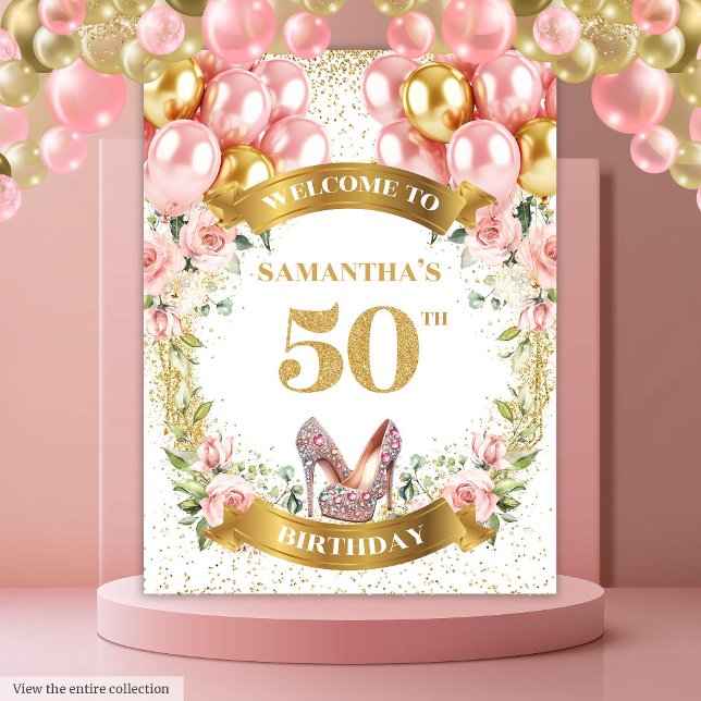 Chic 50th Birthday Pink Heels Glitter Party Banner Tapestry (Chic 50th Birthday Pink Heels Glitter Party Banner)