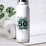 Chic 50th Birthday Water Bottle<br><div class="desc">A blend of cute script and modern boldness with this simple "50 And Fabulous" design! Featuring a classic black and white colouring with a splash of colour from the teal blue (or turquoise) watercolor background. Customize to the name, and if you need to, you can also change the 'and' and...</div>