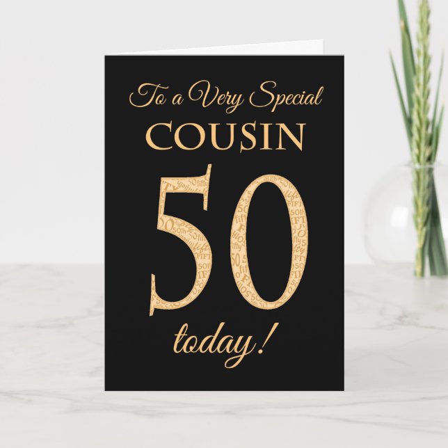Chic 50th Gold-effect on Black, Cousin Birthday Card (Front)