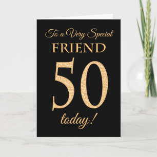 Chic 50th Gold-effect on Black, Friend Birthday Card